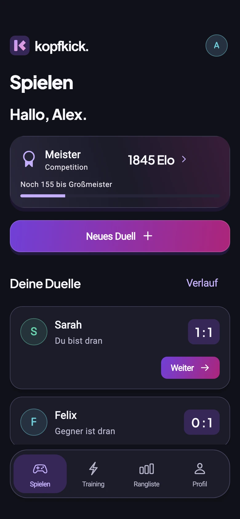 Aktuelle Kopfkick-App: Competition-Rang, Neues Duell und aktive Duelle